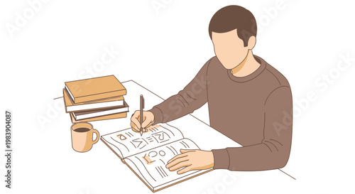 Man studying with books and coffee.