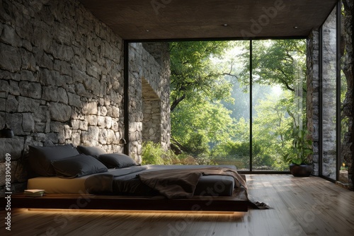 Modern bedroom with stone walls and forest view offers serenity.