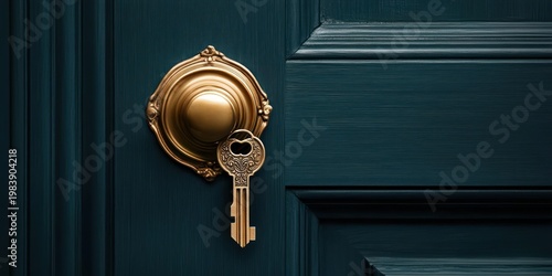 ornate golden doorknob with matching vintage key hanging from a round decorative plate on a dark teal paneled wooden door, elegant and mysterious invitation