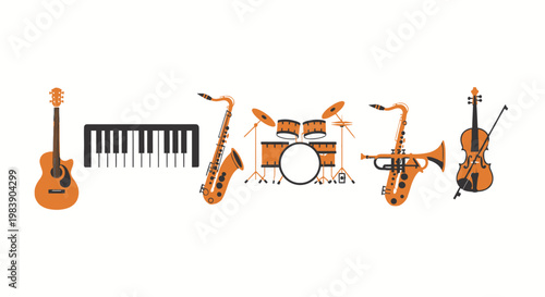Musical instruments on white background.