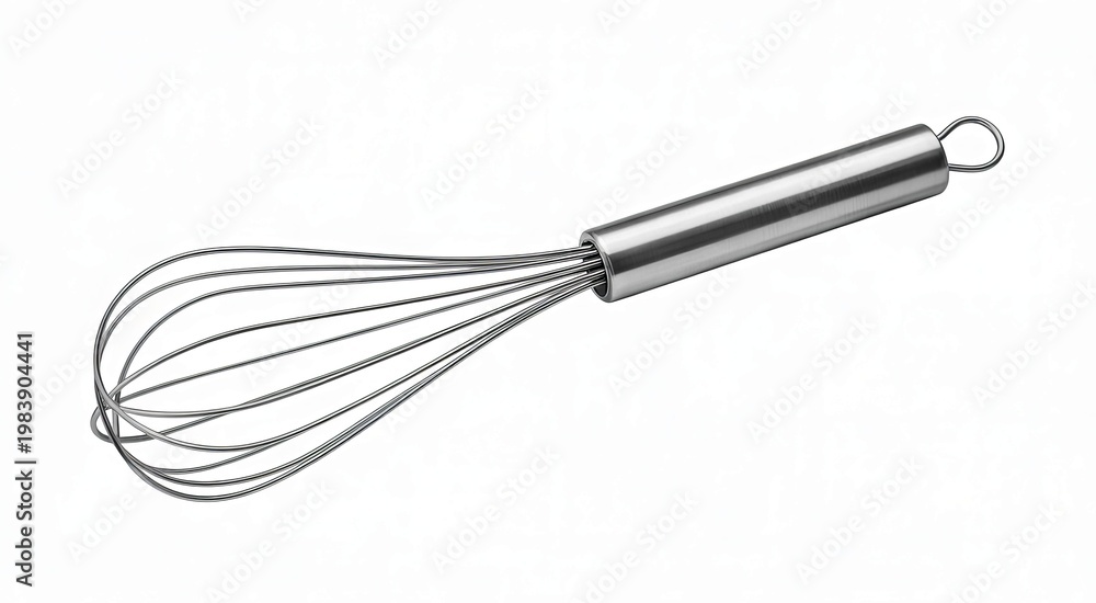Obraz premium Stainless steel whisk on a white background kitchen utensil