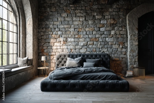 Elegant bedroom with stone wall and large window features a tufted bed.