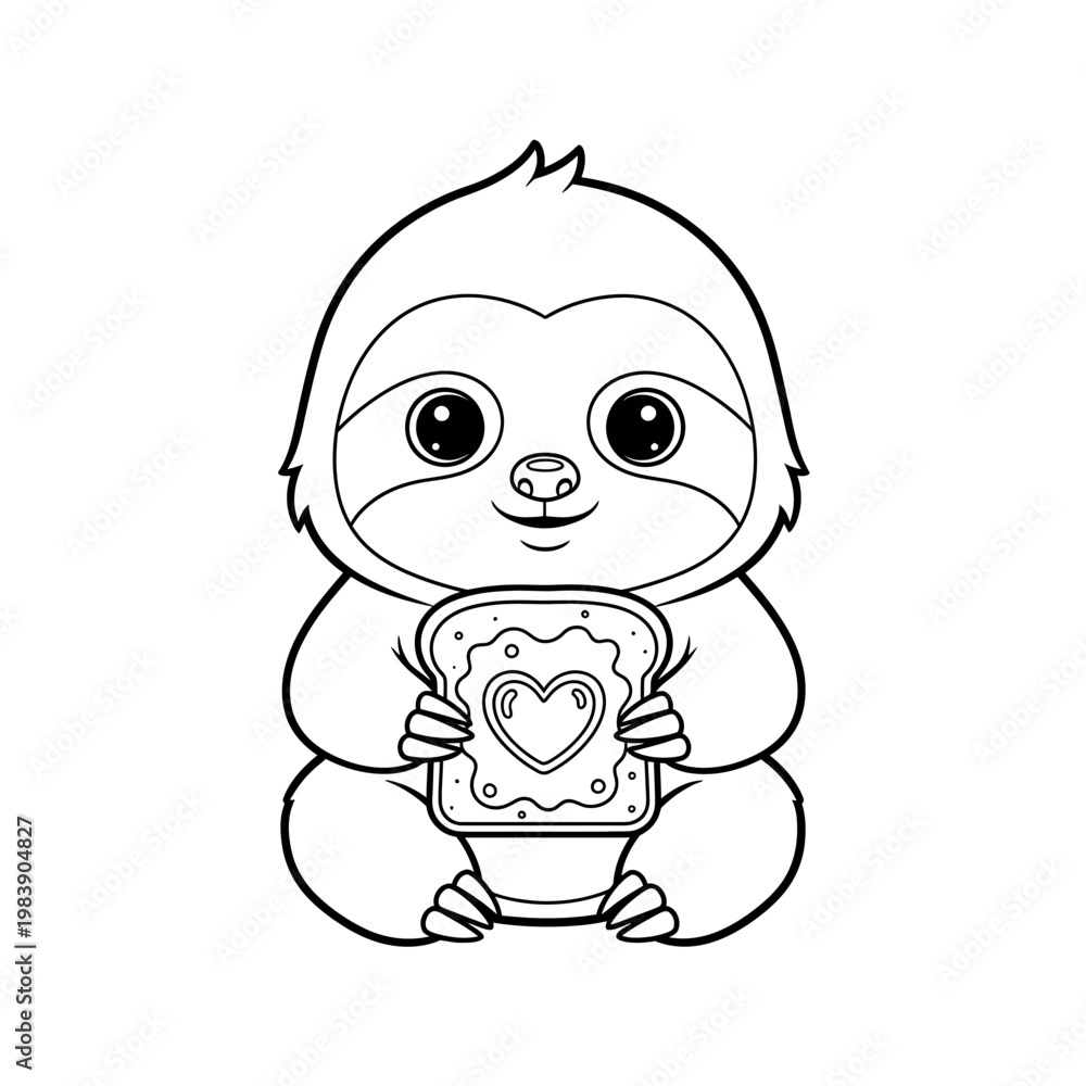 Fototapeta premium Cute cartoon sloth holding a heart-shaped toast with jam, line art illustration