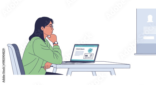 Woman sitting at desk with laptop.