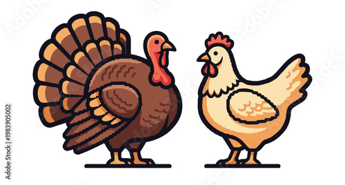 A clean, modern flat vector illustration featuring a brown turkey with a fanned tail and a white chicken hen standing side-by-side