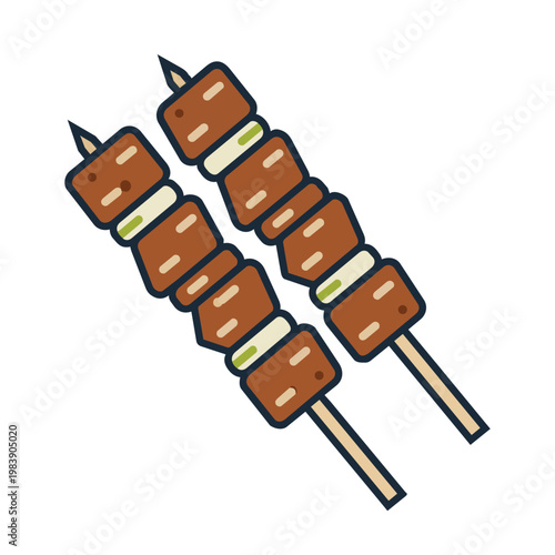 A clean flat vector illustration featuring two skewers of grilled meat and vegetables, reminiscent of shish kebab or Japanese yakitori. Isolated on a white background,