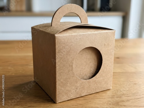 Brown cardboard takeout box with handle and circular opening
