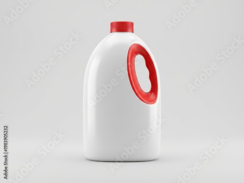 Isolated white bottle with red accents on a light gray surface