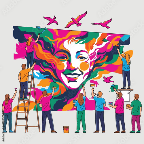 Group of artists painting large mural of woman's face with colorful abstract design, creative collaboration.