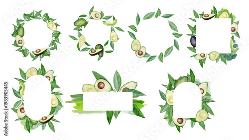 Hand-drawn watercolor avocado wreaths and frames for decorative use in design
