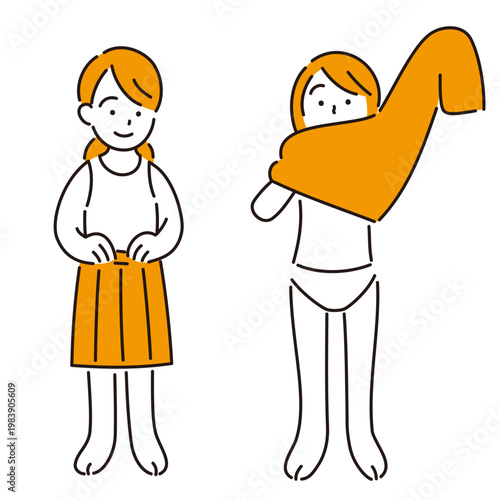 一人で着替えをする女の子のイラスト（全身）