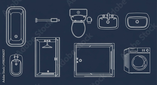 Collection of bathroom fixtures and appliances line art illustration.