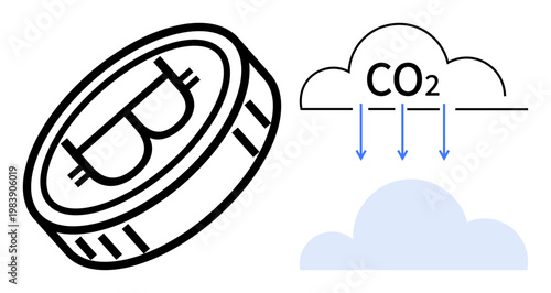 Cryptocurrency, environmental sustainability, blockchain awareness, carbon emissions, digital finance, ecological issues. Bitcoin coin with CO2 emission into the atmosphere. Cryptocurrency