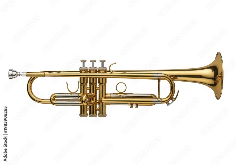 Obraz premium A polished brass trumpet with three valves and a bell flare