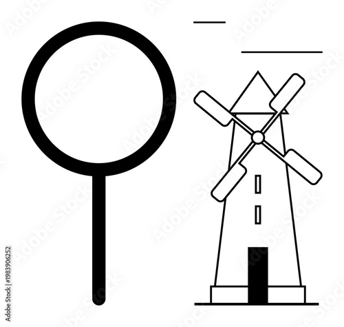 Renewable energy, exploration, search, sustainability, simplicity, eco awareness. Black and white ion of a windmill and magnifying glass. Renewable energy and exploration conceptual illustration
