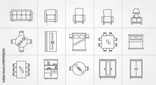 Collection of architectural drawings of furniture and home items.
