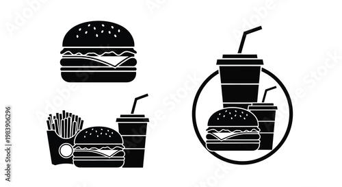 Fast food icons burger fries and drinks in black silhouette