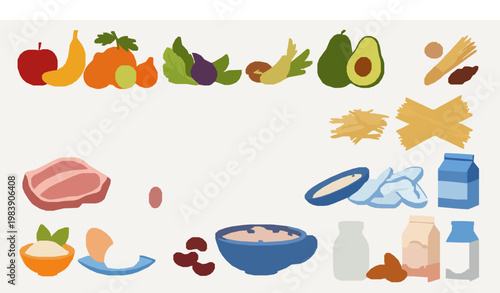 Colorful healthy food groups vector collection with fruits vegetables carbs protein fats and dairy in playful cartoon style