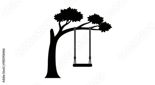 A tree with a swing hangs peacefully depicted as a silhouette