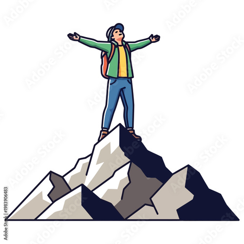 Happy hiker standing on peak of mountain with arms outstretched, celebrating successful ascent and freedom.