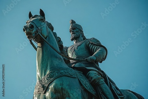 bronze equestrian statue of a helmeted armored rider on a horse with ornate saddle holding reins, stoic and majestic against a clear blue sky