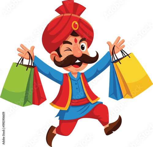 Happy Indian man wearing turban holding shopping bags, cartoon character illustration for retail, festival and lifestyle concept