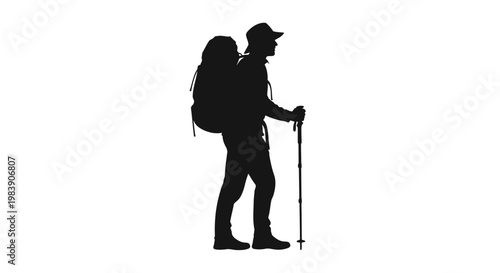 Hiker with backpack and trekking poles a striking silhouette