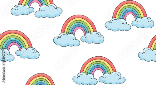 Seamless rainbow and cloud pattern with cute cartoon style, colorful sky background illustration for kids, nursery and textile design
