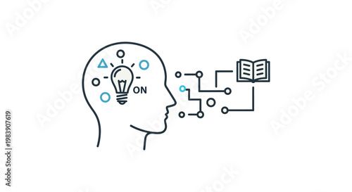 education concept of a human mind with a bright idea digitally connecting to an open book for learning and knowledge acquisition.