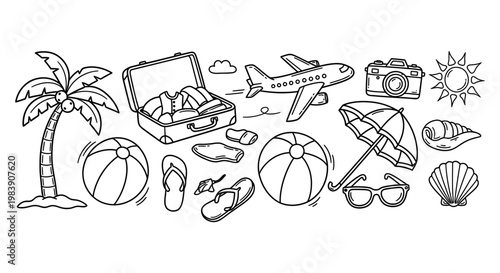 black and white hand-drawn illustration of summer vacation travel essentials