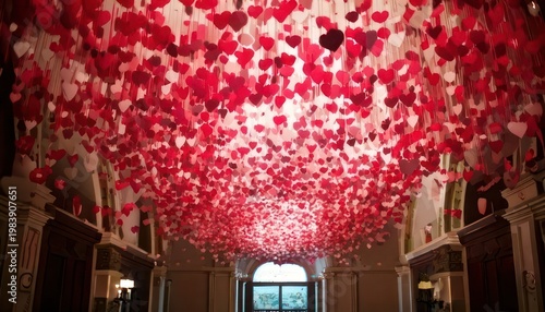 Hallway adorned with red heart decorations for Valentines Day.
