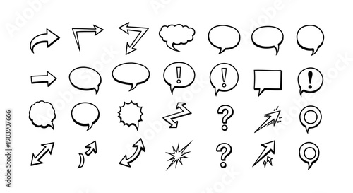 collection of hand-drawn vector icons and symbols including speech bubbles arrows and question marks for uiux design and graphic resources