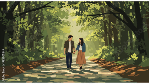 Couple Walking in Forest Path, Romantic Nature Scene, Outdoor Lifestyle