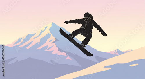 A snowboarder in dark gear performs a jump against a backdrop of snowy mountains and a pastel sky.
