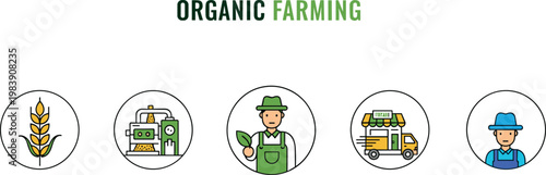 Organic farming concept icons with farmer, crops, agricultural machinery and eco food production elements isolated on clean background