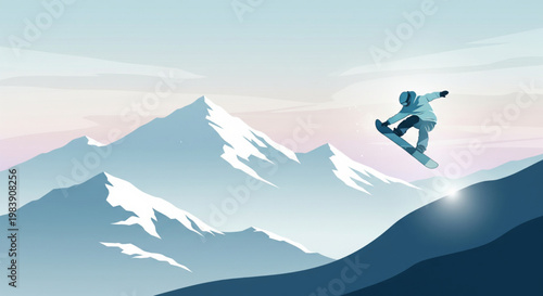 A snowboarder jumps high in the air over a snowy mountain landscape with a stylized, cool-toned sky.