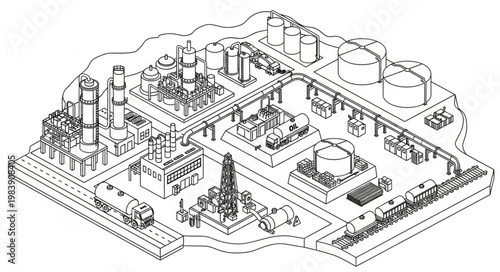 Industrial oil refinery complex with tanks towers and pipelines.