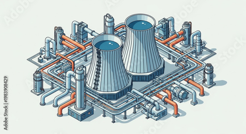 Industrial nuclear power plant cooling towers and reactors.