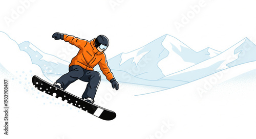A person in an orange jacket snowboarding in the snowy mountains, performing a jump.