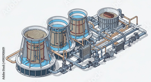 Industrial power plant cooling towers and reactor complex.