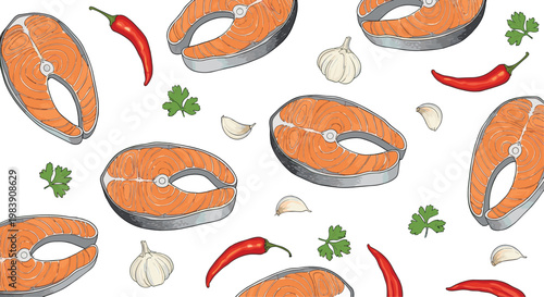 Seamless salmon fish pattern with chili pepper, garlic and herbs, fresh seafood background illustration for cooking, kitchen and food design