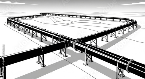 Industrial Steel Pipeline Network Elevated Overland Structure.
