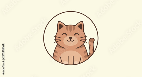 A cute chubby cat logo with flat design sits in a circular frame.