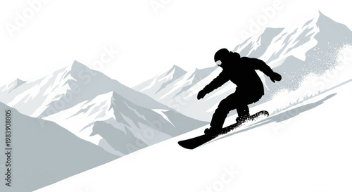 A silhouette of a snowboarder descending a snowy mountain slope with a backdrop of majestic peaks.