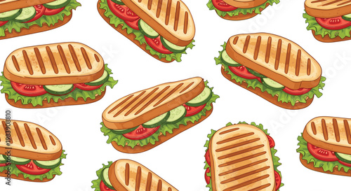 Seamless sandwich pattern with grilled panini, vegetables and fresh ingredients, delicious food background illustration for cafe, menu and packaging design