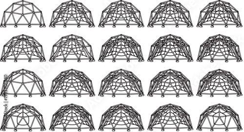 Detailed illustrations of a geodesic dome structural system, showcasing intricate geometric patterns and engineering design, perfect for architecture and design.