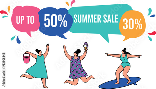 Plus size women enjoying summer activities illustration with beach fun, ice cream, surfing and body positivity lifestyle concept