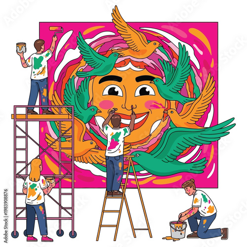 People painting mural on scaffolding and ladder, colorful sun and birds artwork.