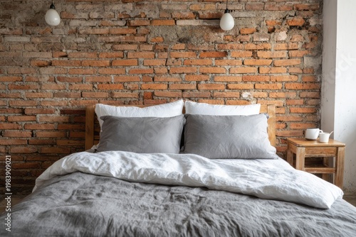 Cozy bedroom with a rustic brick wall and comfortable bedding.