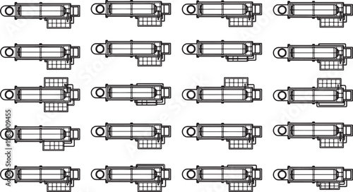 Detailed architectural illustration of a mechanical device repeating across a white field.